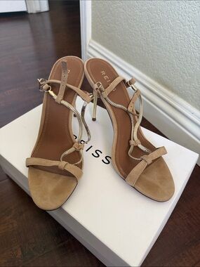 Reiss Kendall Tan Suede Stiletto Sandals with Gold Accents, size 37